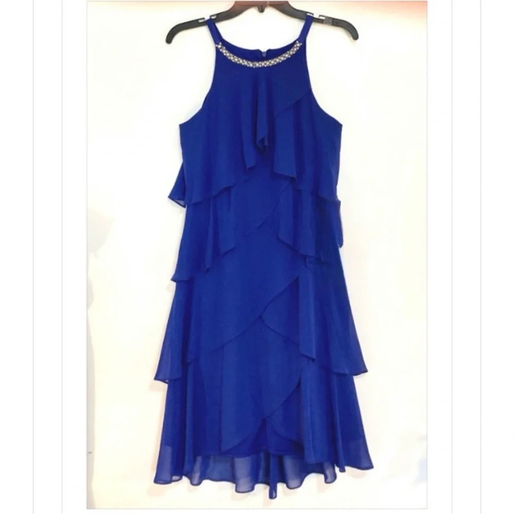 Royal Blue Beaded Neck Tiered Chiffon
Cocktail Dress - Picture 4 of 8